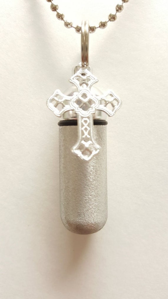Brushed Silver Filigree Cross Anointing Oil Holder - Includes Velvet Pouch, 24" Ball Chain Necklace, Personalized