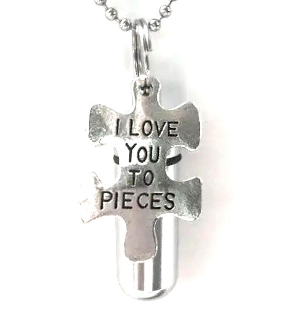 Personal Cremation Urn with "I Love You To Pieces" Engraved Pendant - Includes Velvet Pouch, 24" Steel Ball Chain Necklace & Fill Kit