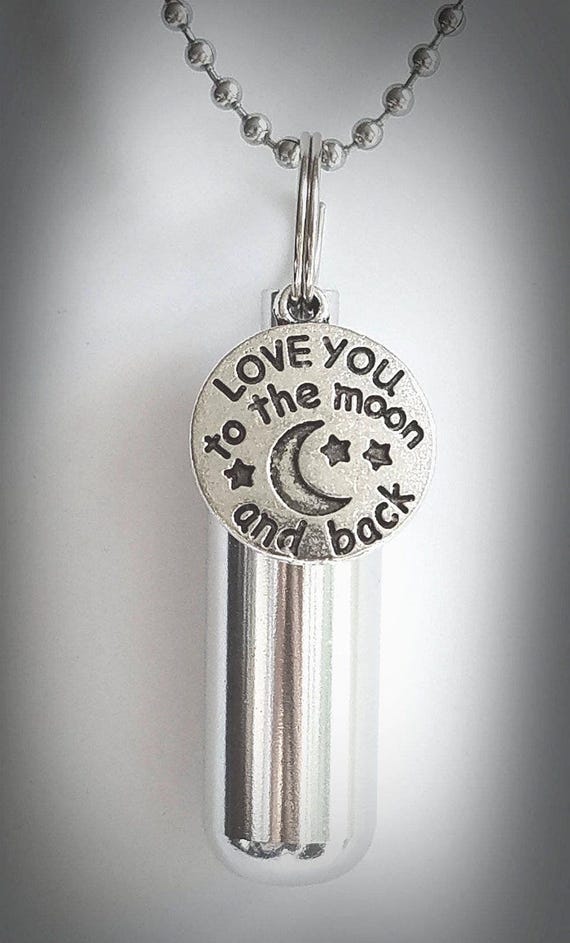 Love You To The Moon & Back Cremation Urn Necklace, Stainless Steel, Keepsake with Velvet Pouch