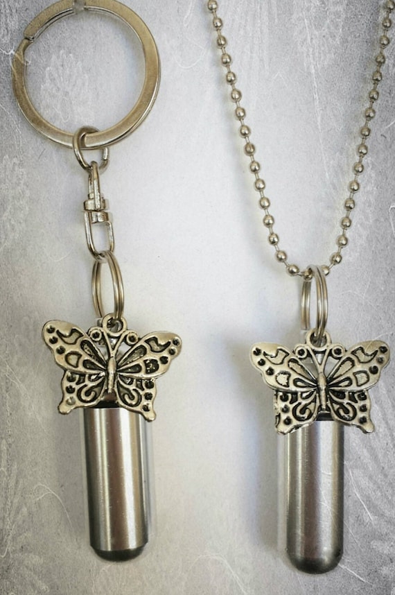 Large Butterfly 2pc. Special Set - Cremation Urn Necklace & Keychain Urn with Velvet Pouches and Fill Kit