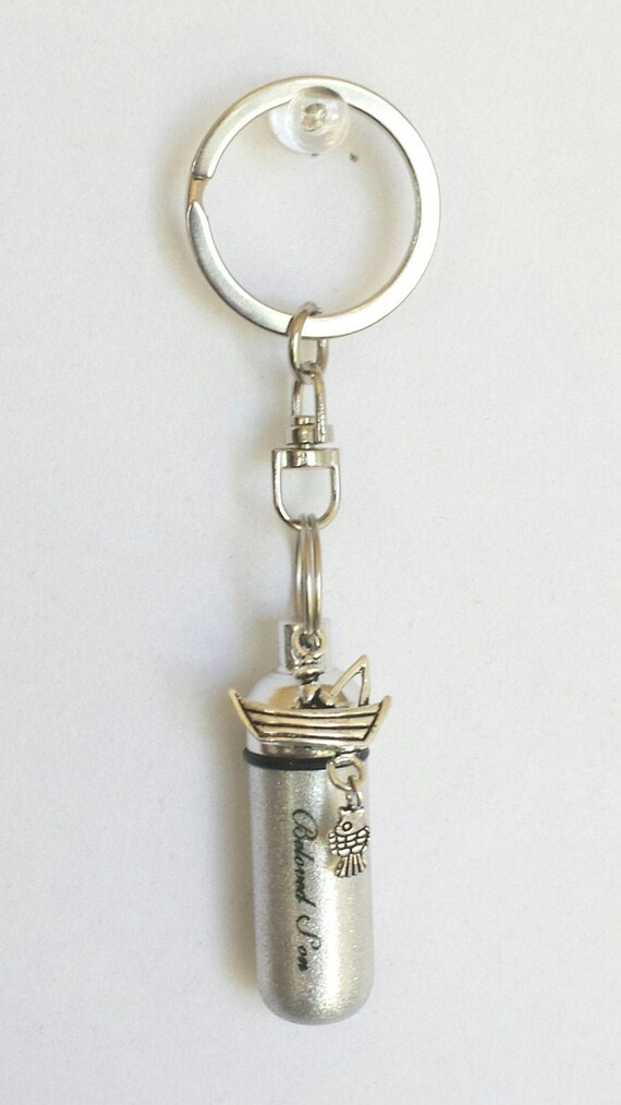 Engraved "Beloved Son" with Fishing Boat  - Cremation Urn Swivel Keychain - Hand Assembled.... with Velvet Pouch and Fill Kit