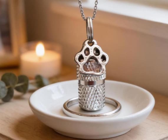 Mini Pet Urn Necklace: Cremation Keepsake Jewelry (Silver Paw Charm)