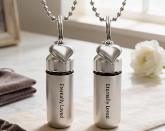 Set of 2 ENGRAVED Brushed Silver CREMATION URN Necklaces "Eternally Loved" with Heart charm - Includes Velvet Pouches & Fill-Kit