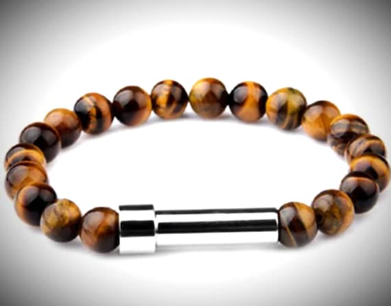 Tiger Eye Beaded CREMATION URN Stretch Bracelet with Steel Ashes Storage Compartment, Velvet Pouch & Fill Kit. Thoughtful Sympathy Gift