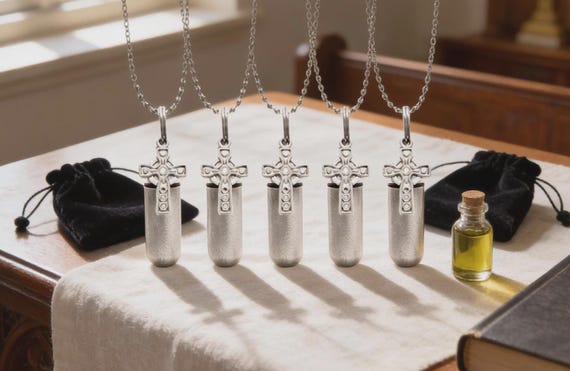 FIVE Brushed Celtic Cross Anointing Oil Holders with 5 Pouches & Necklaces