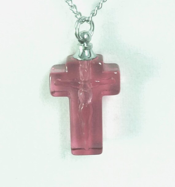 Rose/Pink  Crystal Mourning Cross CREMATION URN on 24" Curb Chain Memorial Necklace