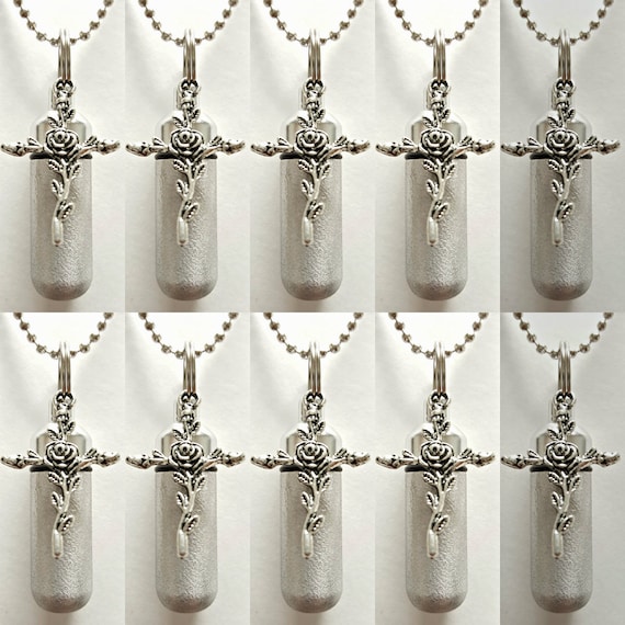 Set of 10 Brushed Silver Rose Cross CREMATION URN Necklaces w/Laser ENGRAVED Hearts! - Includes 10 Velvet Pouches, 10 Ball-Chains & Fill Kit