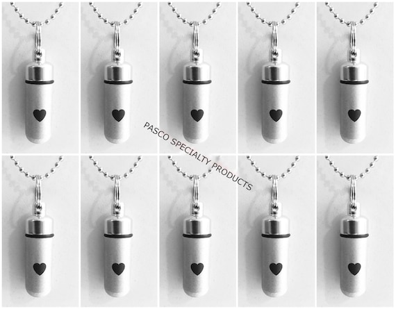 Family Set of TEN Brushed Silver CREMATION URN Necklaces with Simple Engraved Hearts - Includes 10 Velvet Pouches, 10 Ball-Chains & Fill Kit