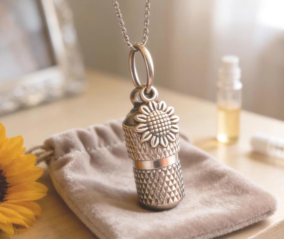 MINI CREMATION URN on 24" Necklace with Sunflower, Includes Velvet Pouch & Fill Kit