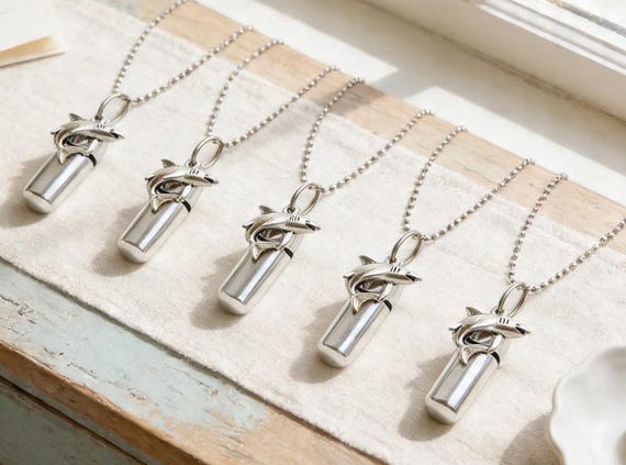 Set of FIVE Silver Shark Cremation Urn Necklaces - Remembrance Jewelry