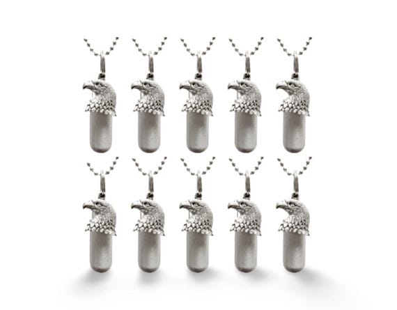 TEN Brushed Patriotic Silver Bald Eagle Cremation Urn Necklaces - Engraved USA Flag on Bottom