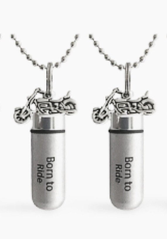 Set of 2 ENGRAVED Brushed Silver Cremation Urn Necklaces "Born To Ride" with Motorcycles - Memorial Keepsake, Urn for Human Ashes, Pet Urn