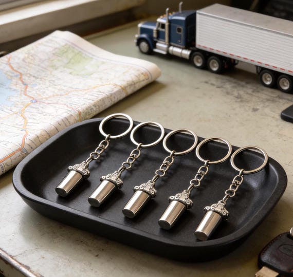 FIVE Cremation Urns on 18-Wheeler/Semi-Truck Swivel Key Chains  - Memorial Jewelry,  Custom Engraving Available