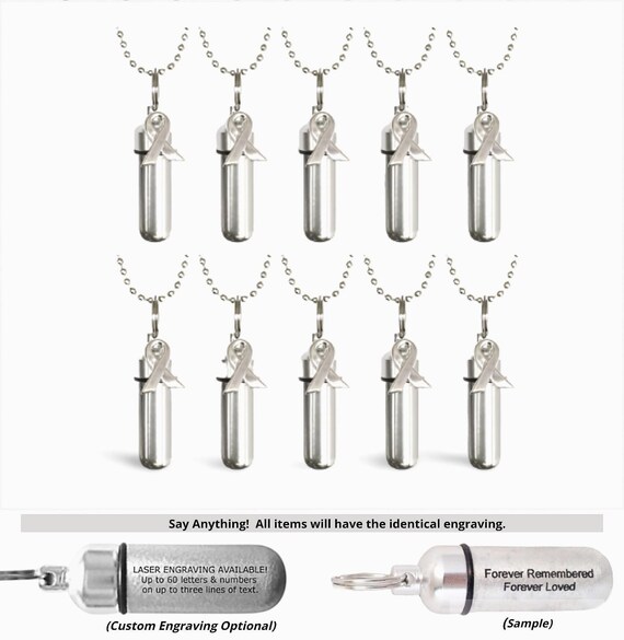 Set of TEN Silver Cancer Awareness CREMATION URN Necklace - Ashes Necklace, Memorial Jewelry, Mourning Jewelry, Personalized, Loss of Mother