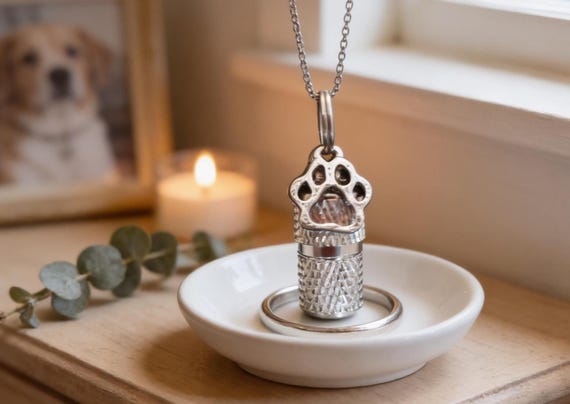Mini Pet Urn Necklace: Cremation Keepsake Jewelry (Silver Paw Charm)
