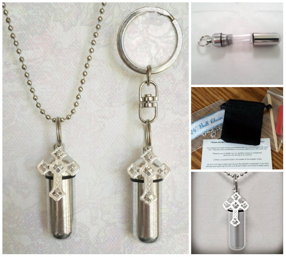 Filigree Cross 2pc. Special Set - Cremation Urn Necklace & Keychain Urn and Velvet Pouches