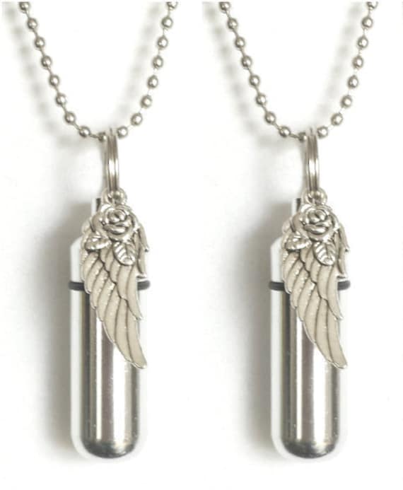 Set of TWO Silver Anointing Oil Holders with Wing with Rose Charms - Includes 2 Velvet Pouches, 2 Ball Chains