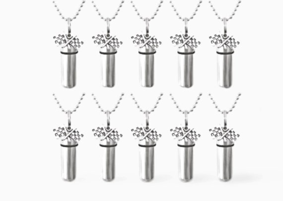 TEN CREMATION URNS with Racing Flags on 24" Steel Ball Chain Necklaces, Ashes Jewelry, Mourning Keepsake, Urn for Ashes, Loss of Loved One