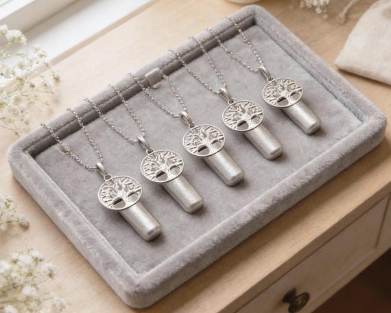 FIVE Brushed Silver Tree Of Life Cremation Urn Necklace, Memorial Jewelry, Custom Engraving Available!