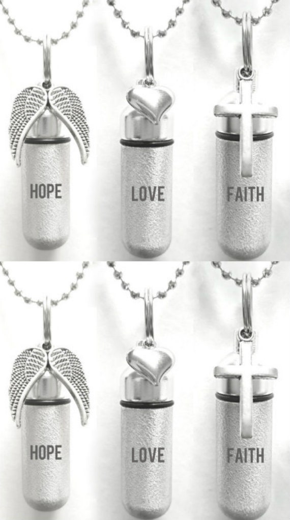 Set of SIX Laser Engraved Hope/Love/Faith Brushed Silver Cremation URNS - with Wings, Hearts, Crosses - Includes 24" Ball Chains & Pouches