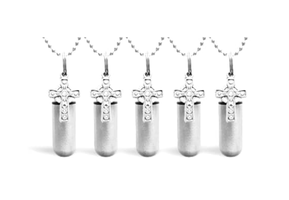 Set of FIVE Brushed Silver Celtic Cross Anointing Oil Holders with 5 Velvet Pouches, 5 Ball Chain Necklaces - Healing, Prayer, Communion