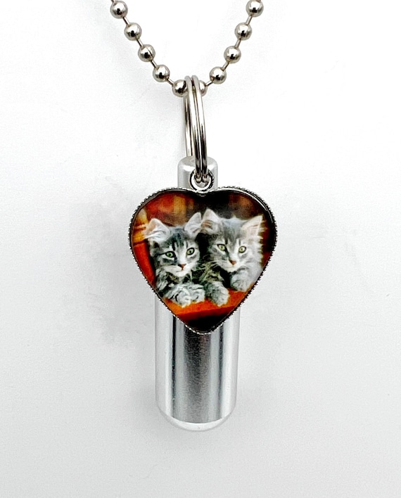 Adorable Kittens Cremation Urn on 24" Ball Chain Necklace with Velvet Pouch & Disposable Fill Kit, Pet Urn, Cat Urn - CUSTOM ENGRAVABLE