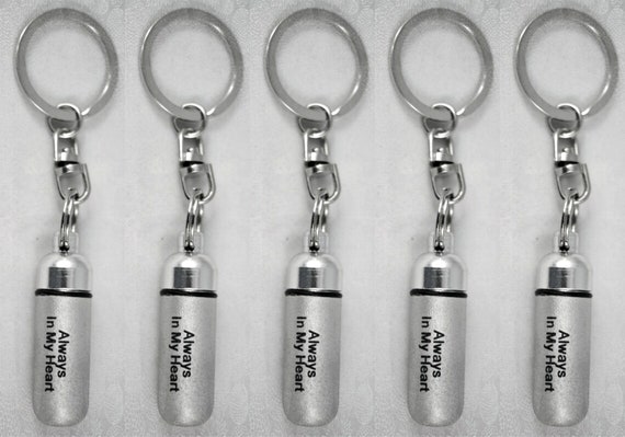 Set of 5 ENGRAVED  "Always In My Heart" Brushed Silver CREMATION URN on Stainless Steel Keychains with Velvet Pouches & Fill Kit