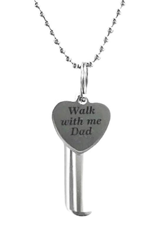 Personal CREMATION URN NECKLACE Engraved Heart with "Walk with me Dad"  with Velvet Pouch, 24" Ball Chain, Fill Kit