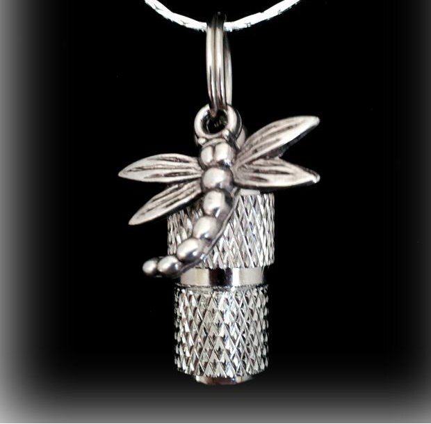 Miniature Silver Faceted Cremation Urn on 24 Necklace with Dragonfly