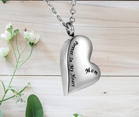 Stainless Steel Heart "Forever In My Heart Mom" Cremation Urn Necklace, Mourning Keepsake, Urn Jewelry, Loss of Loved One, Laser Engraved