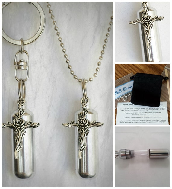 Rose Cross  2pc. Special Set - Cremation Urn Necklace & Keychain Urn and Velvet Pouches, Memorial Jewelry, Ashes Keepsake