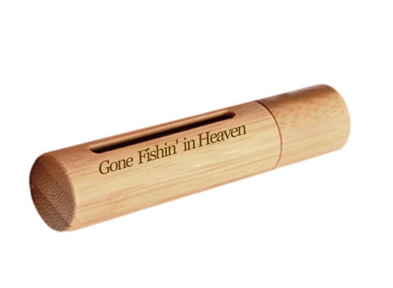 ENGRAVED "Gone Fishin' in Heaven"  Sandalwood Cremation Urn/Scattering Tube W/Window - TSA Compliant
