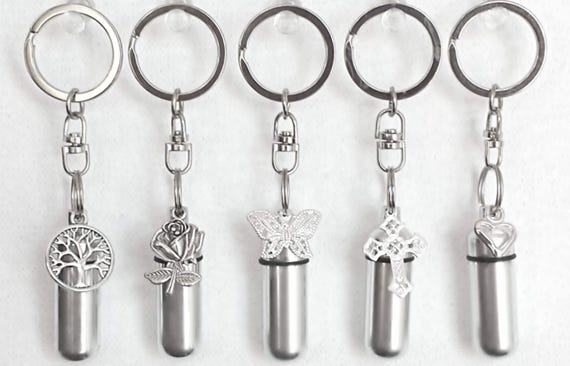 Assorted Cremation Urn Keychains: Silver Rose, Tree, Butterfly, Cross, Heart,Angel - Engraving Available!