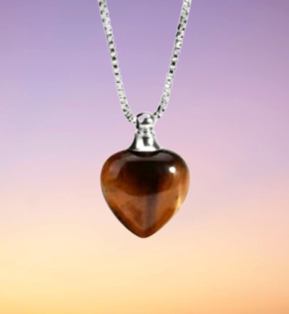 Natural Tiger Eye Crystal Heart Gemstone CREMATION URN with 24" Steel Curb Chain Necklace - Includes Velvet Pouch & Fill Kit