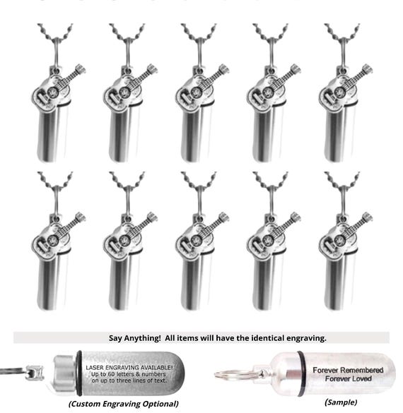 TEN Silver Acoustic/Folk Guitar CREMATION NECKLACES - Ashes Urn, Memorial Jewelry, Mourning Jewelry, Urn Keepsake, Laser Engraving Available