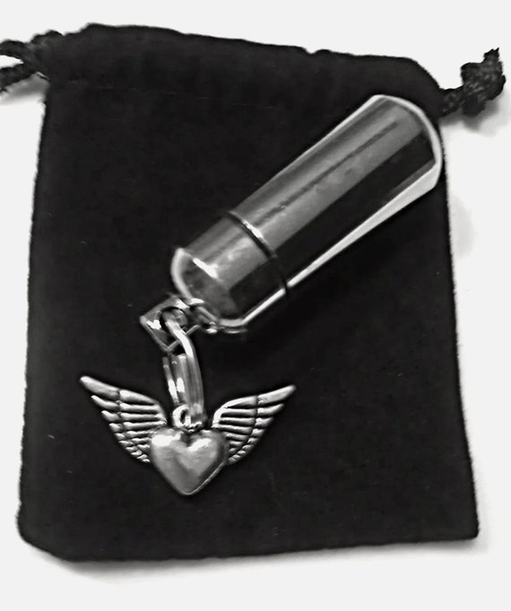 Silver Cremation Urn / holder Keepsake with Silver HEART with ANGEL WINGS (winged heart) includes Black Velvet Pouch and Fill Kit