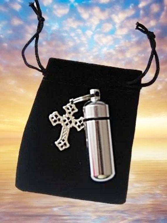 Cremation Urn Keepsake with Silver Filigree Cross Charm - Memorial Jewelry, Ashes Keepsake, Mourning, Child Loss, Bereavement, Personalized