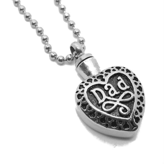 Stainless Steel - Silver on Black "DAD" Cremation Urn on 24" Ball-Chain Necklace - with Velvet Pouch & Fill Kit