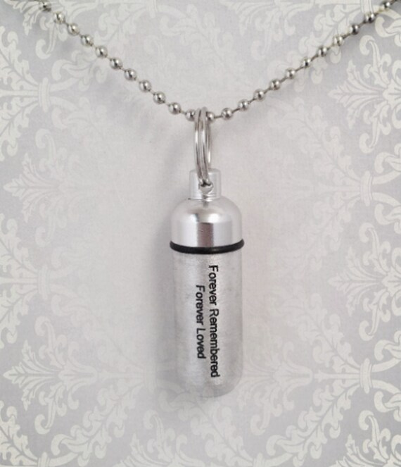 Engraved  Cremation Urn Necklace "Forever Remembered, Forever Loved"  2-tone Brushed Silver Finish - Includes Velvet Pouch and Fill Kit