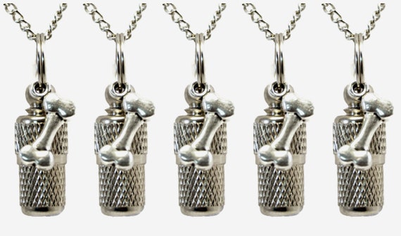 Set of FIVE Mini Pet Cremation Urns on Curb Chain Necklaces  with DOG BONE - Hand Assembled - Includes Velvet Pouch and Fill Kit