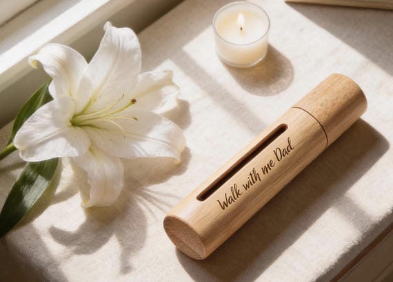 ENGRAVED "Walk With Me Dad" Sandalwood Cremation Urn/Scattering Tube with Window - Fits Pocket, TSA Approved