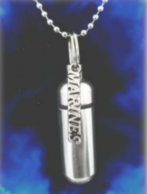 Silver Cremation Urn & Vial on 24" Silver Curb Necklace with MARINES Pendant, Hand Assembled, with Velvet Pouch and Fill Kit