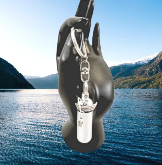 Brushed Silver Cremation Urn FISHERMAN Fishing on Stainless Steel Swivel Keyring - Custom Engravable