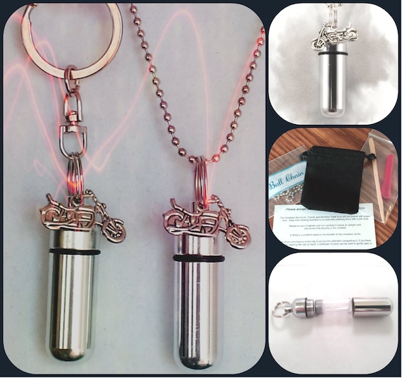 Silver MOTORCYCLE  2pc. Special Set - Cremation Necklace Urn & Keychain Urn and Velvet Pouches - Memorial Jewelry, Urn for Human Ashes