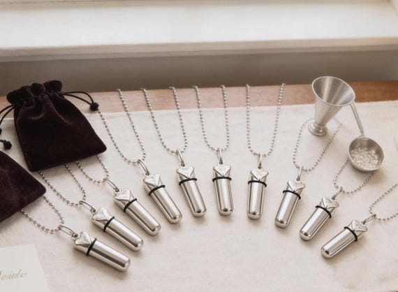 TEN Silver Cremation Urn "Open Heart" Necklaces with Pouches & FIll Kit -  Custom Engraving Available!