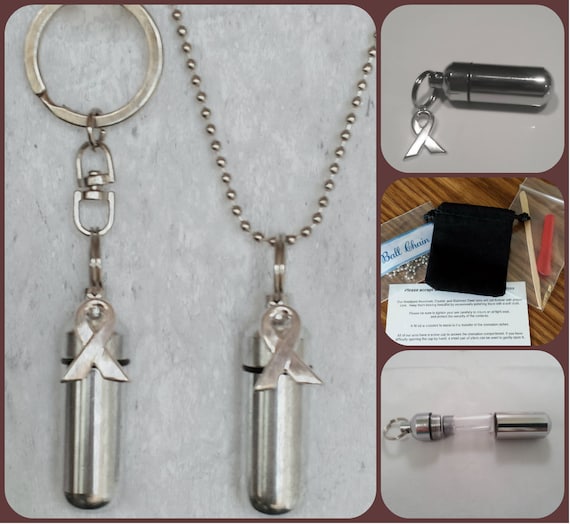 Cancer Awareness  2pc. Special Set - Cremation Urn Necklace & Keychain Urn with Velvet Pouches and Fill Kit