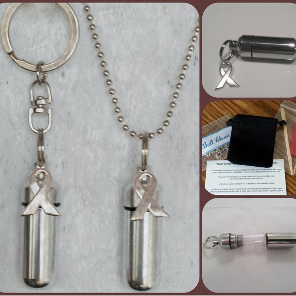 Cancer Awareness  2pc. Special Set - Cremation Urn Necklace & Keychain Urn with Velvet Pouches and Fill Kit