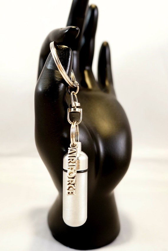 Brushed Silver Cremation Urn & Vial with Air Force Pendant on Stainless Steel Swivel Keyring - Hand Assembled.... in  Velvet Pouch