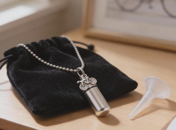 Cremation Urn on 24" Ball-Chain Necklace with BICYCLE -  with Velvet Pouch & Fill Kit