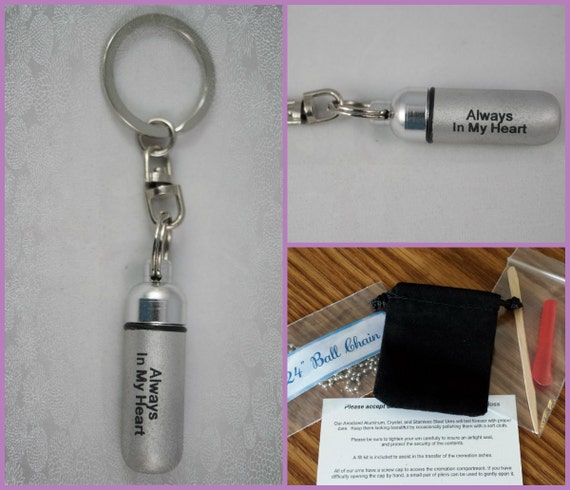 Engraved "Always In My Heart"   - Cremation Urn Swivel Keychain - Hand Assembled.... with Velvet Pouch and Fill Kit